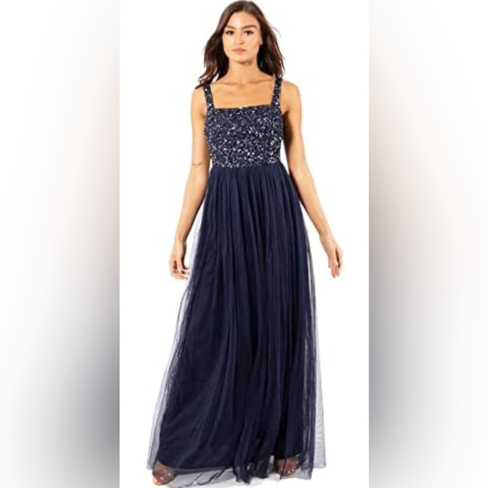 MAYA Elegant Navy Blue Evening Gown with silver sequins Size‎ 2